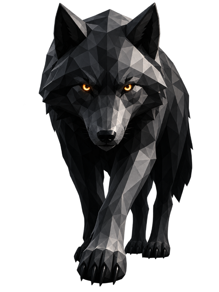 Loup low-poly 3D géométrique aux yeux orange - LUPABAY agence digitale