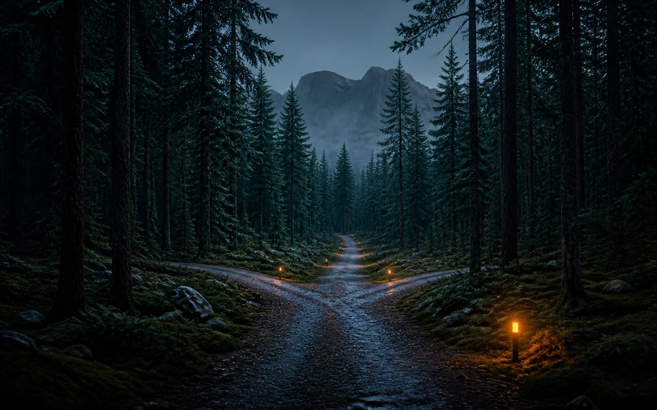 Chemin guid&eacute; dans une for&ecirc;t ardennaise vers un massif montagneux