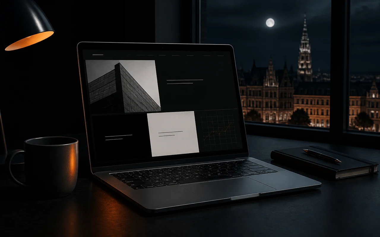 Ordinateur pr&eacute;sentant la conception d&rsquo;un site professionnel dans une ambiance nocturne