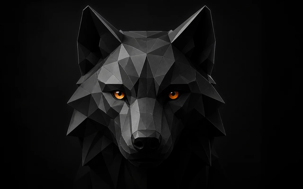Portrait frontal d&rsquo;un loup noir low-poly aux yeux orange