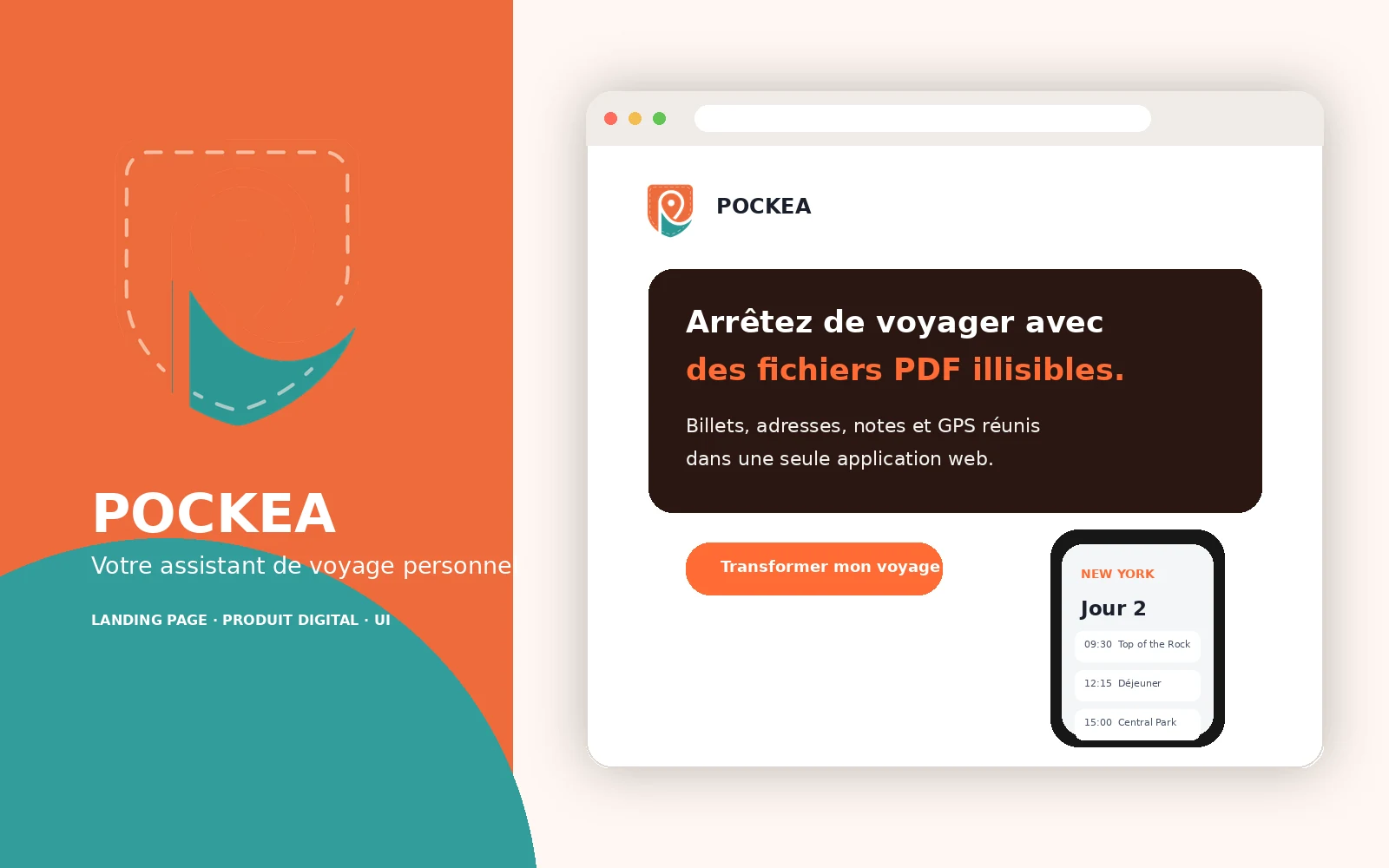 Identité, landing page et interface mobile Pockea